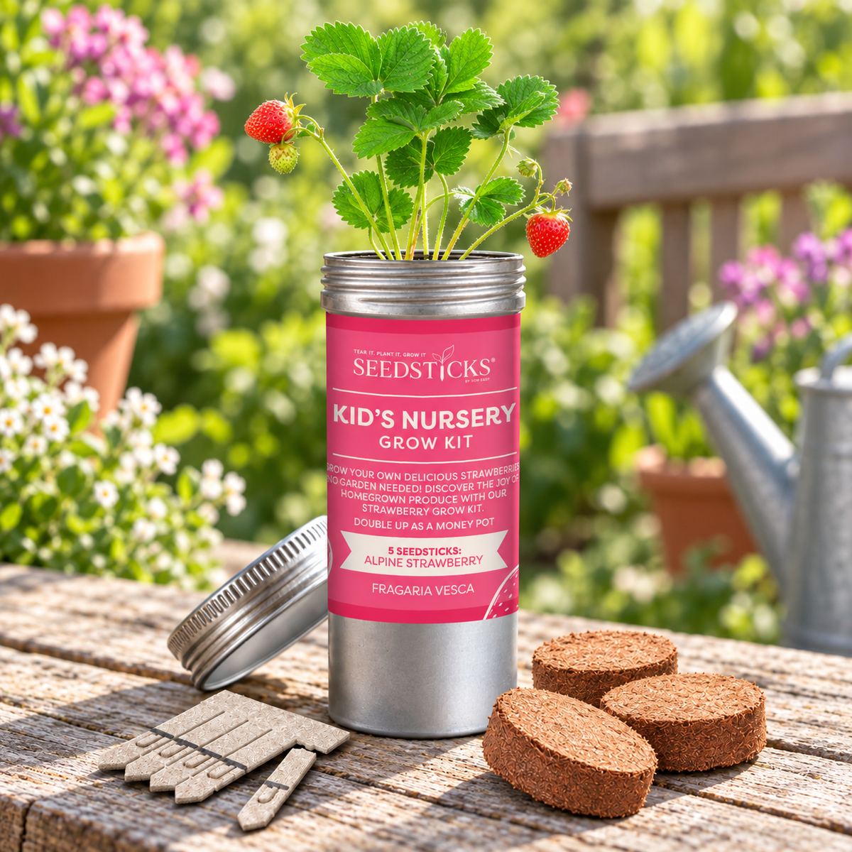 Strawberry Desktop Tube Garden with soil pellets and Seedsticks in a garden setting