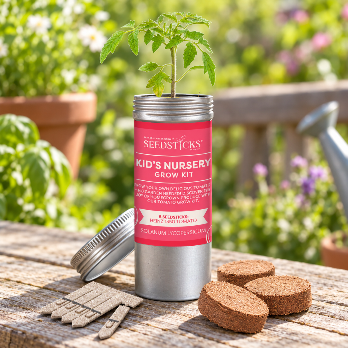 Tomato Desktop Tube Garden with soil pellets and Seedsticks in a garden setting
